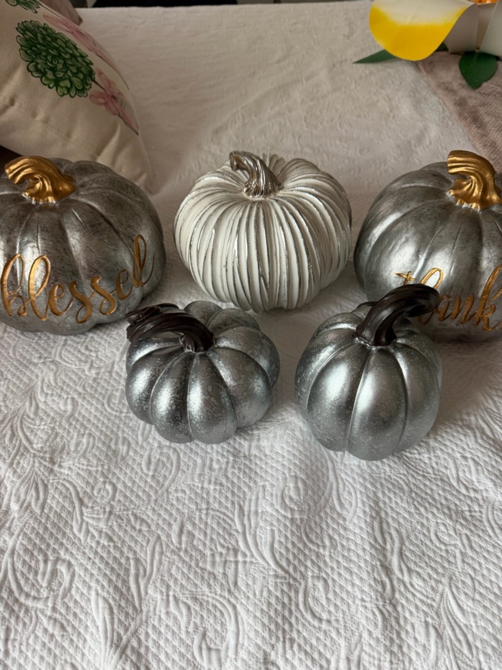 Decorative Metallic Pumpkin Set - Silver & White Home Accent Bundle of 5